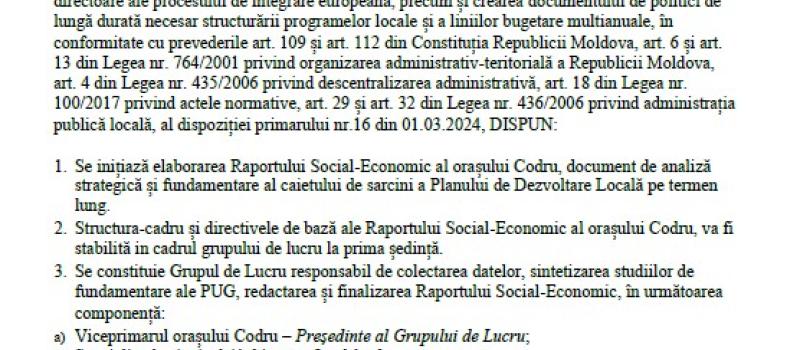 În scopul valorificării și integrării datelor statistice și a studiilor de fundamentare livrate în cadrul proiectului „Reactualizarea Planului Urbanistic General al Unității Administrativ Teritoriale a or. Codru, mun. Chișinău, inclusiv elaborarea planului de organizare a teritoriului”, având în vedere necesitatea stabilirii directivelor strategice de dezvoltare durabilă a localității, corelate cu obiectivele Strategiei Naționale de Dezvoltare „Moldova 2030” sa initiat elaborareai Raportului Social-Economic