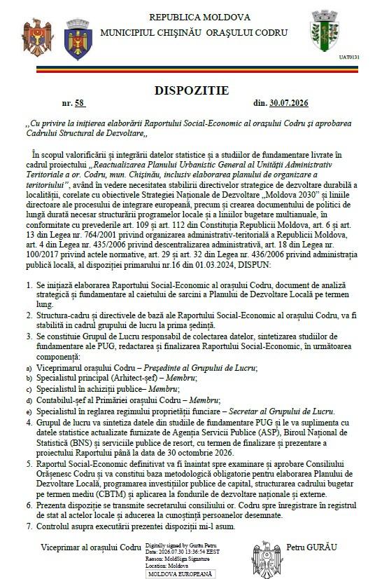 În scopul valorificării și integrării datelor statistice și a studiilor de fundamentare livrate în cadrul proiectului „Reactualizarea Planului Urbanistic General al Unității Administrativ Teritoriale a or. Codru, mun. Chișinău, inclusiv elaborarea planului de organizare a teritoriului”, având în vedere necesitatea stabilirii directivelor strategice de dezvoltare durabilă a localității, corelate cu obiectivele Strategiei Naționale de Dezvoltare „Moldova 2030” sa initiat elaborareai Raportului Social-Economic